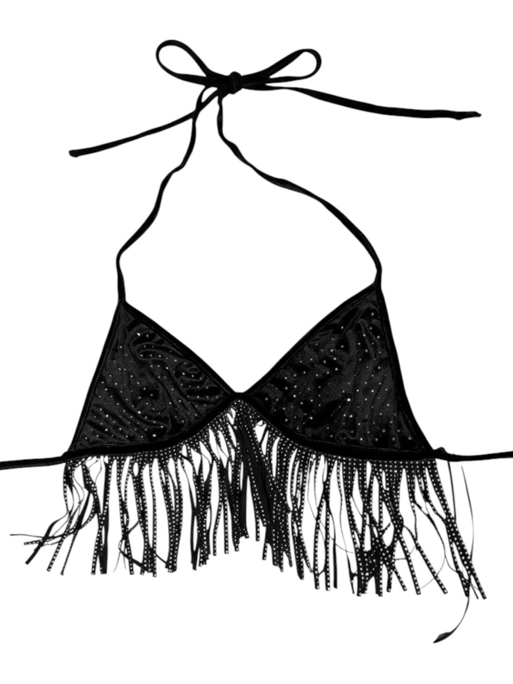 Paper Moon Black Bedazzled Rhinestone Fringe Halter Crop Top Size Medium